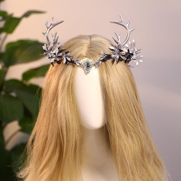 Fairy Crown Silver Antler Floral Headband for Women Renaissance and Cosplay main image 4